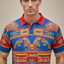 A colorful polo shirt featuring intricate designs inspired by the vibrant Cajamarca Carnival in Peru