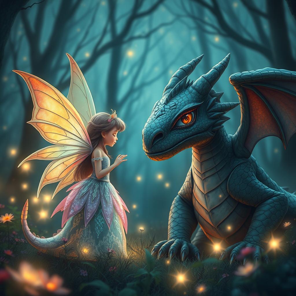 A whimsical and magical scene depicting the curious relationship between a fairy princess and a cursed dragon