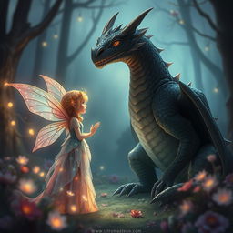 A whimsical and magical scene depicting the curious relationship between a fairy princess and a cursed dragon