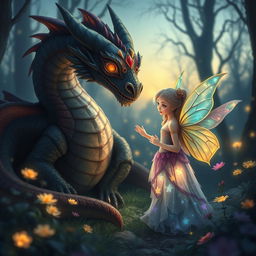 A whimsical and magical scene depicting the curious relationship between a fairy princess and a cursed dragon