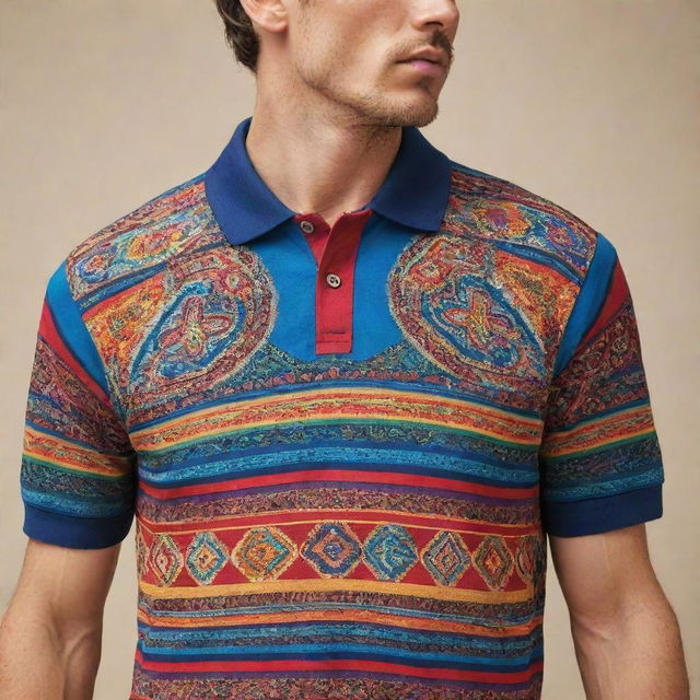 A colorful polo shirt featuring intricate designs inspired by the vibrant Cajamarca Carnival in Peru