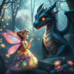 A whimsical and magical scene depicting the curious relationship between a fairy princess and a cursed dragon