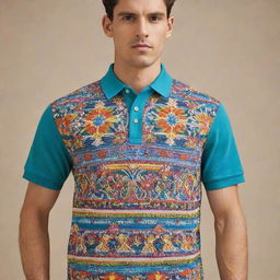 A colorful polo shirt featuring intricate designs inspired by the vibrant Cajamarca Carnival in Peru