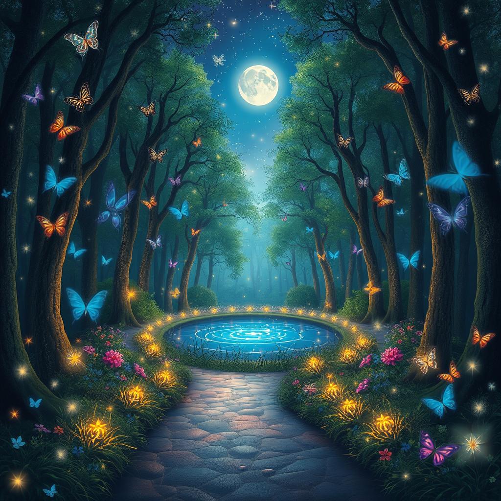 An enchanted forest full of vibrant, magical creatures under a starlit sky