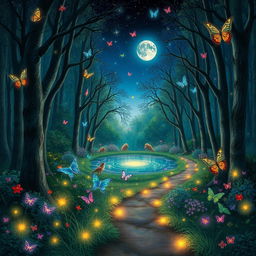 An enchanted forest full of vibrant, magical creatures under a starlit sky