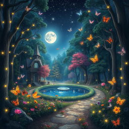 An enchanted forest full of vibrant, magical creatures under a starlit sky