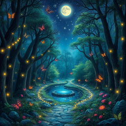 An enchanted forest full of vibrant, magical creatures under a starlit sky