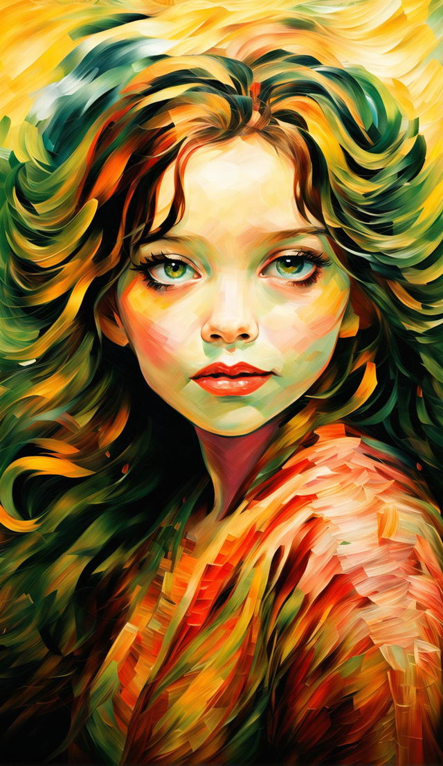 Van Gogh style photograph featuring a girl with vibrant green eyes and dynamic background.