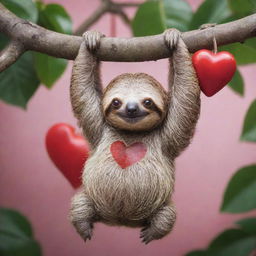 A cute sloth hanging from a tree branch, clutching a vibrant heart in its claws