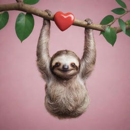 A cute sloth hanging from a tree branch, clutching a vibrant heart in its claws