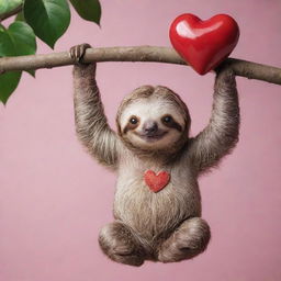 A cute sloth hanging from a tree branch, clutching a vibrant heart in its claws