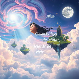 A serene dreamscape where a person floats through sky, surrounded by vibrant, swirling clouds and ethereal light beams