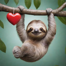 A cute sloth hanging from a tree branch, clutching a vibrant heart in its claws