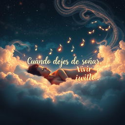 A captivating dreamscape designed for a YouTube video thumbnail, featuring a person sleeping peacefully under a starlit sky with swirling, colorful clouds around them