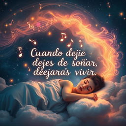 A captivating dreamscape designed for a YouTube video thumbnail, featuring a person sleeping peacefully under a starlit sky with swirling, colorful clouds around them