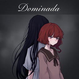 A girl with long, dark hair standing with her back to another girl with short, wavy, red hair