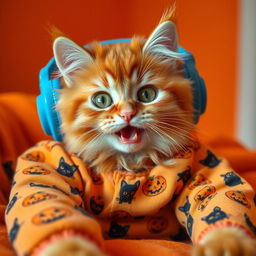 A fluffy orange cat with green, playful eyes, wearing cozy Halloween-themed pajamas covered in smiling jack-o'-lanterns and cute black cats