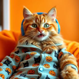 A fluffy orange cat with green, playful eyes, wearing cozy Halloween-themed pajamas covered in smiling jack-o'-lanterns and cute black cats