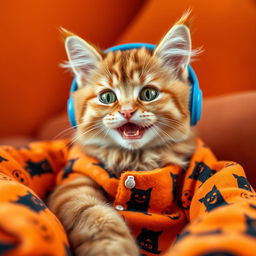 A fluffy orange cat with green, playful eyes, wearing cozy Halloween-themed pajamas covered in smiling jack-o'-lanterns and cute black cats