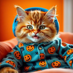 A fluffy orange cat with green, playful eyes, wearing cozy Halloween-themed pajamas covered in smiling jack-o'-lanterns and cute black cats