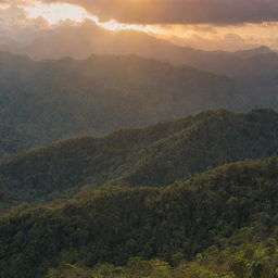 Panoramic view of a dense Melanesian mountain forest range, bathed in the vibrant hues of a setting sun sinking behind the mountains.