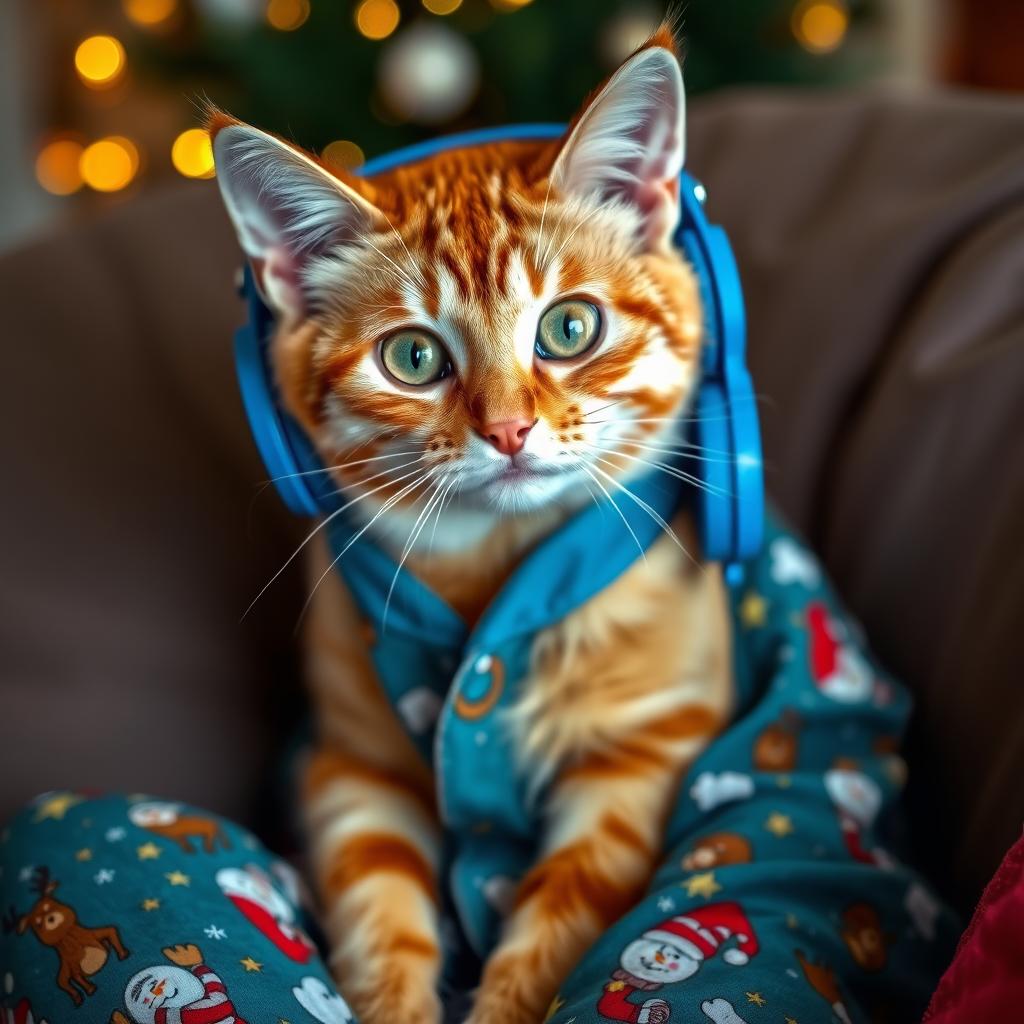 An adorable orange tabby cat with striking emerald green eyes, sitting comfortably wearing cozy blue headphones with white fluffy earmuffs