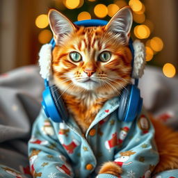 An adorable orange tabby cat with striking emerald green eyes, sitting comfortably wearing cozy blue headphones with white fluffy earmuffs