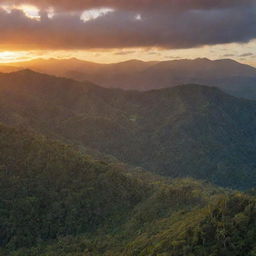 Panoramic view of a dense Melanesian mountain forest range, bathed in the vibrant hues of a setting sun sinking behind the mountains.