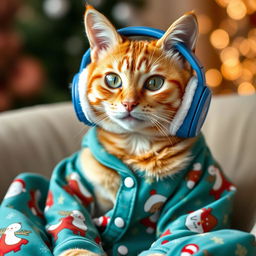 An adorable orange tabby cat with striking emerald green eyes, sitting comfortably wearing cozy blue headphones with white fluffy earmuffs