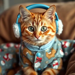 An adorable orange tabby cat with striking emerald green eyes, sitting comfortably wearing cozy blue headphones with white fluffy earmuffs