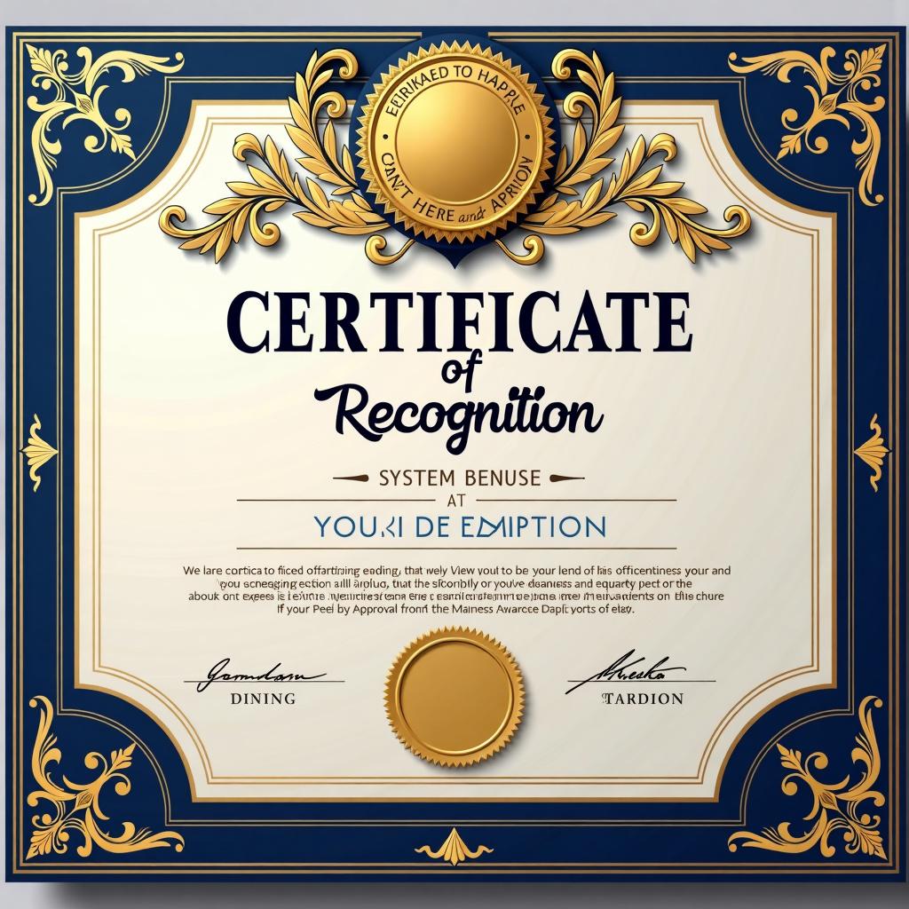 A high-definition, elegant certificate of recognition, featuring a classic and sophisticated layout