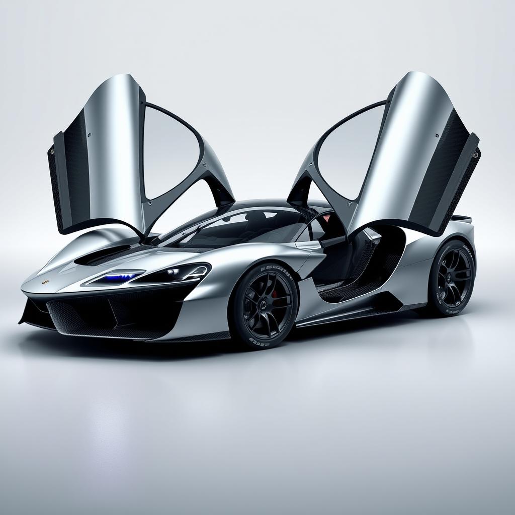 Italian style supercar with exotic butterfly doors open wide, equipped with futuristic laser daytime running lights