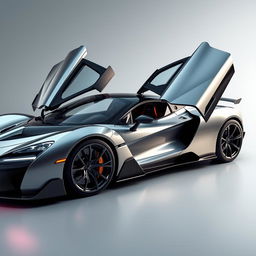 Italian style supercar with exotic butterfly doors open wide, equipped with futuristic laser daytime running lights