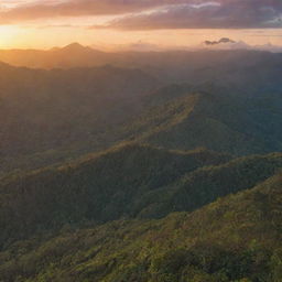 Panoramic view of a dense Melanesian mountain forest range, bathed in the vibrant hues of a setting sun sinking behind the mountains.