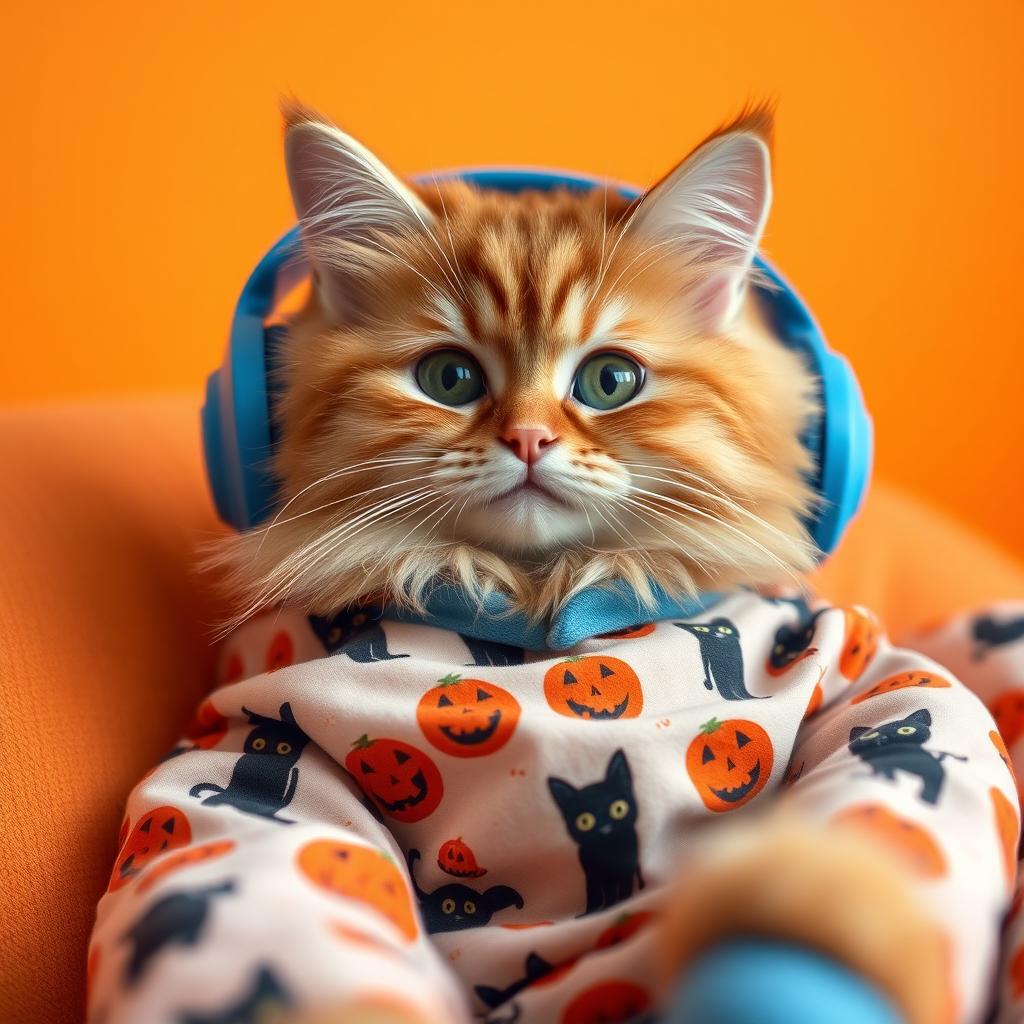 A fluffy orange cat with green, playful eyes, wearing cozy Halloween-themed pajamas adorned with smiling jack-o'-lanterns and cute black cats