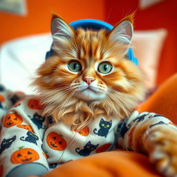 A fluffy orange cat with green, playful eyes, wearing cozy Halloween-themed pajamas adorned with smiling jack-o'-lanterns and cute black cats