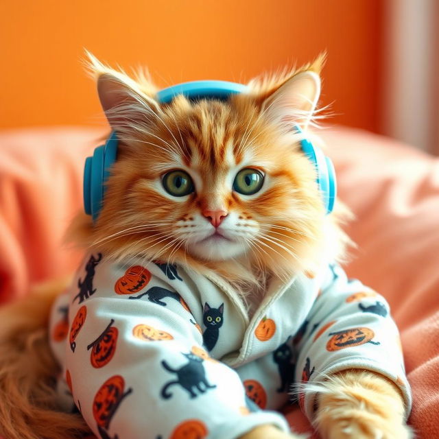 A fluffy orange cat with green, playful eyes, wearing cozy Halloween-themed pajamas adorned with smiling jack-o'-lanterns and cute black cats