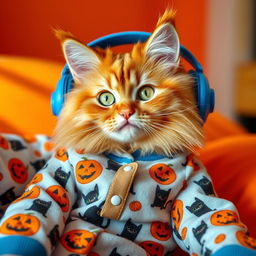 A fluffy orange cat with green, playful eyes, wearing cozy Halloween-themed pajamas adorned with smiling jack-o'-lanterns and cute black cats