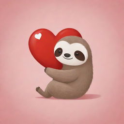 A small, adorable sloth affectionately hugging a red heart intended for a romantic Valentine's card