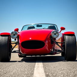 A sleek red roadster with a striking English design, featuring large racing tires for an aggressive stance