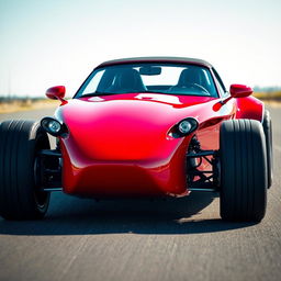 A sleek red roadster with a striking English design, featuring large racing tires for an aggressive stance