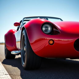 A sleek red roadster with a striking English design, featuring large racing tires for an aggressive stance