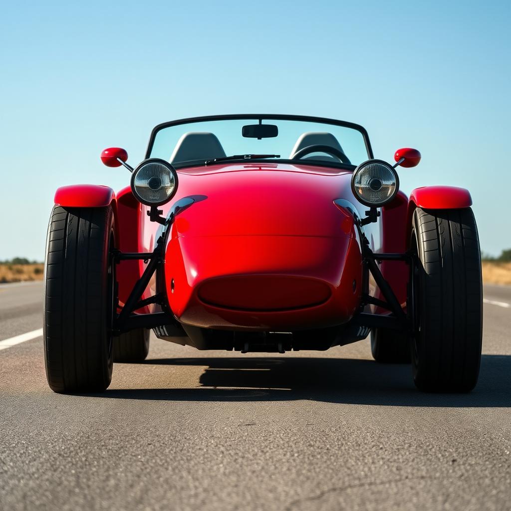 A sleek red roadster with a striking English design, featuring large racing tires for an aggressive stance