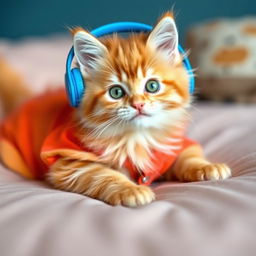 An adorable fluffy orange kitten with sparkling green eyes, wearing vibrant blue headphones, lies playfully on a cozy bed