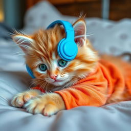 An adorable fluffy orange kitten with sparkling green eyes, wearing vibrant blue headphones, lies playfully on a cozy bed