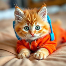 An adorable fluffy orange kitten with sparkling green eyes, wearing vibrant blue headphones, lies playfully on a cozy bed