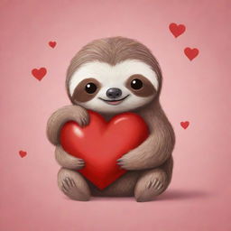 A small, adorable sloth affectionately hugging a red heart intended for a romantic Valentine's card