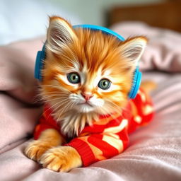 An adorable fluffy orange kitten with sparkling green eyes, wearing vibrant blue headphones, lies playfully on a cozy bed