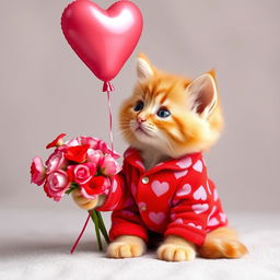 An adorable orange kitten with fluffy fur, wearing vibrant red pajamas covered in pink heart patterns