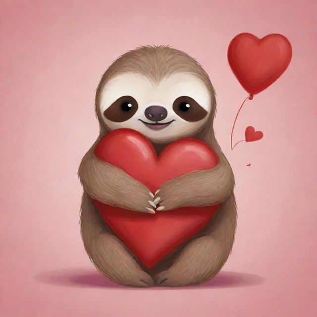 A small, adorable sloth affectionately hugging a red heart intended for a romantic Valentine's card